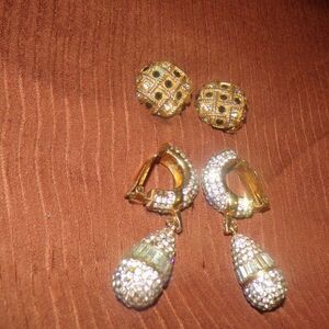 vintage lot of 2 clip on earrings rhinestone drop style and grid